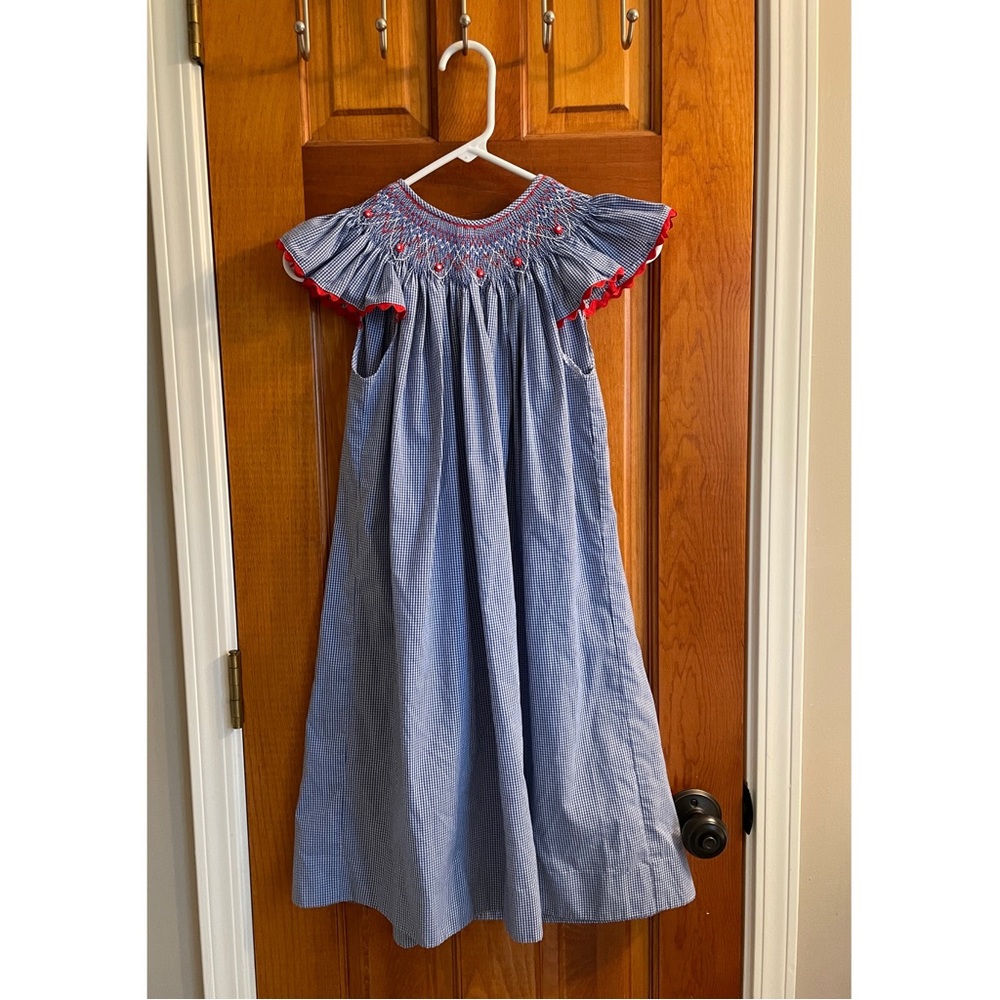 Blue Smocked Kids Dress Size 7 - Picture 2 of 4